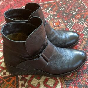 Size 8 (39) Fly London Leather Velcro Slip On Boots black wedge heel monk strap